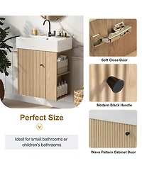 Sillysis 21.6'' Natural Floating Bathroom Vanity with Ceramic Sink, Right Side Storage, Soft Close, Modern Wall Mounted Cabinet
