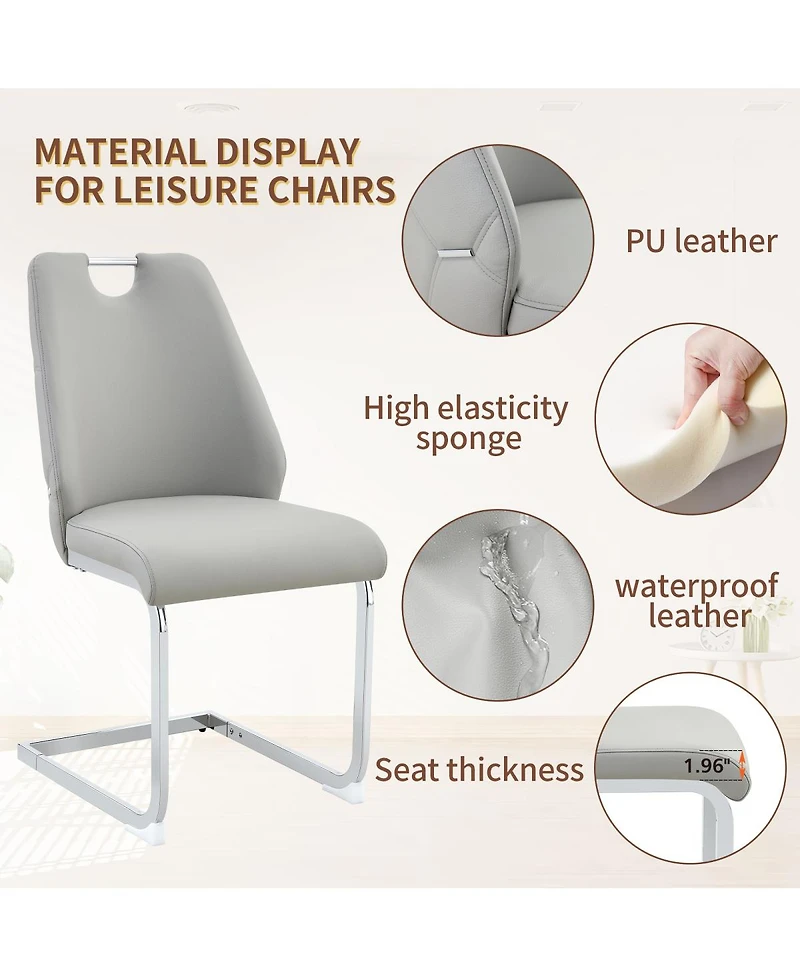 Streamdale Furniture Dining Chairs Set of 4, Light Gray Faux Leather w/ Gold Mesh, Silver Ring, Chrome Handle