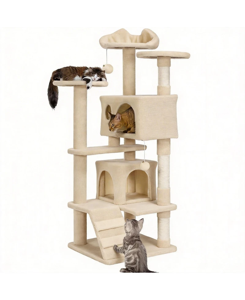 Aronkl Multi-level Cat Tree Tower with Cat-ear Perch 2 Caves Sisal Posts Climbing Ladder Replaceable Balls Pet Activity Center