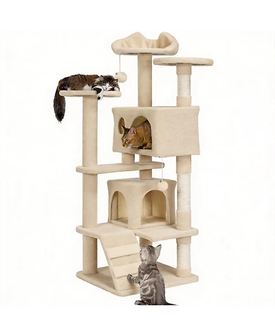Aronkl Multi-level Cat Tree Tower with Cat-ear Perch 2 Caves Sisal Posts Climbing Ladder Replaceable Balls Pet Activity Center