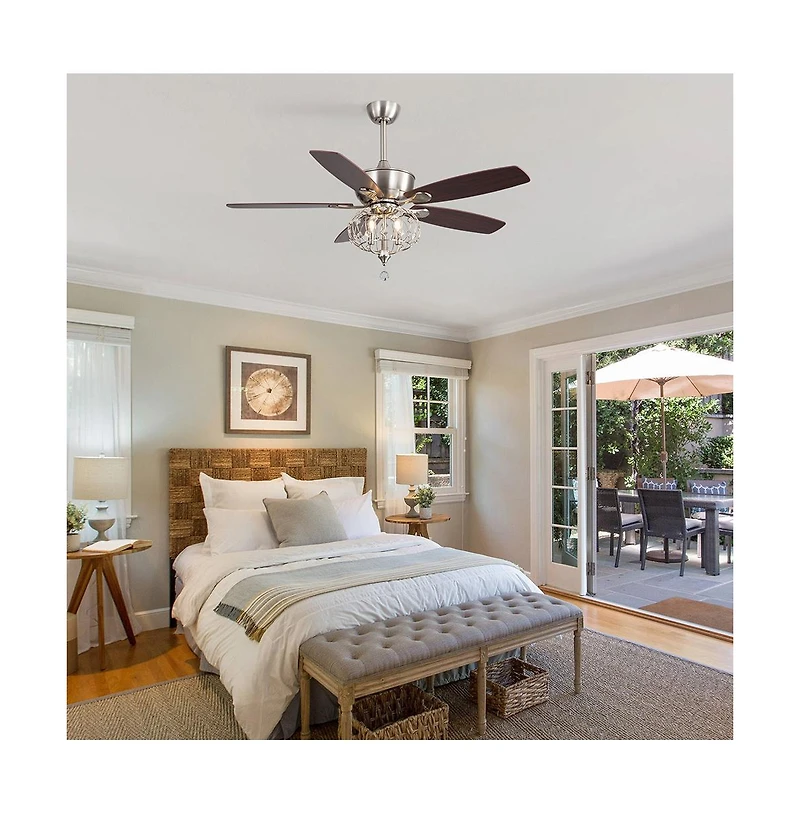 Sofucor 52-inch Modern Farmhouse Brown 5 - Blade Ceiling Fan with Crystal Accents
