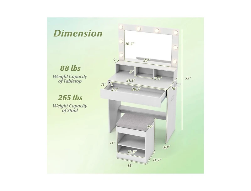 Slickblue Vanity Table Set with Lighted Mirror and Cushion Stool-Black