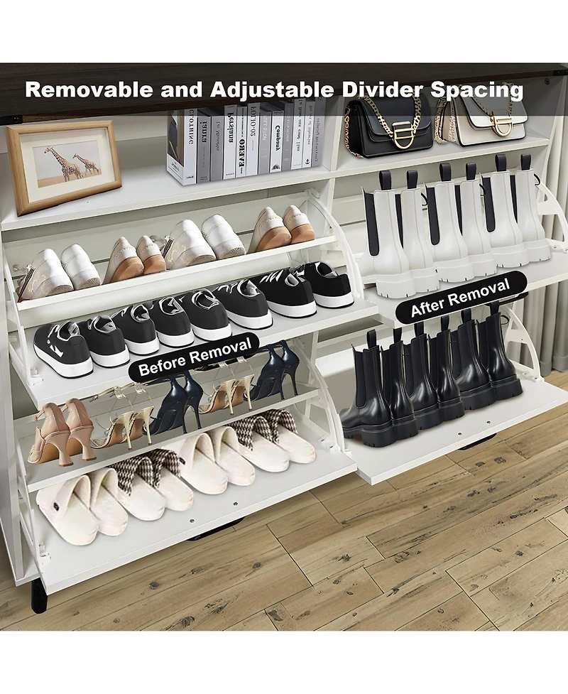 Homfan Shoe Cabinet with 4 Flip Drawers & Barn Door, Freestanding Hidden Slim Narrow Shoe Storage Organizer with Open Shelves, for Entryway, Foyer