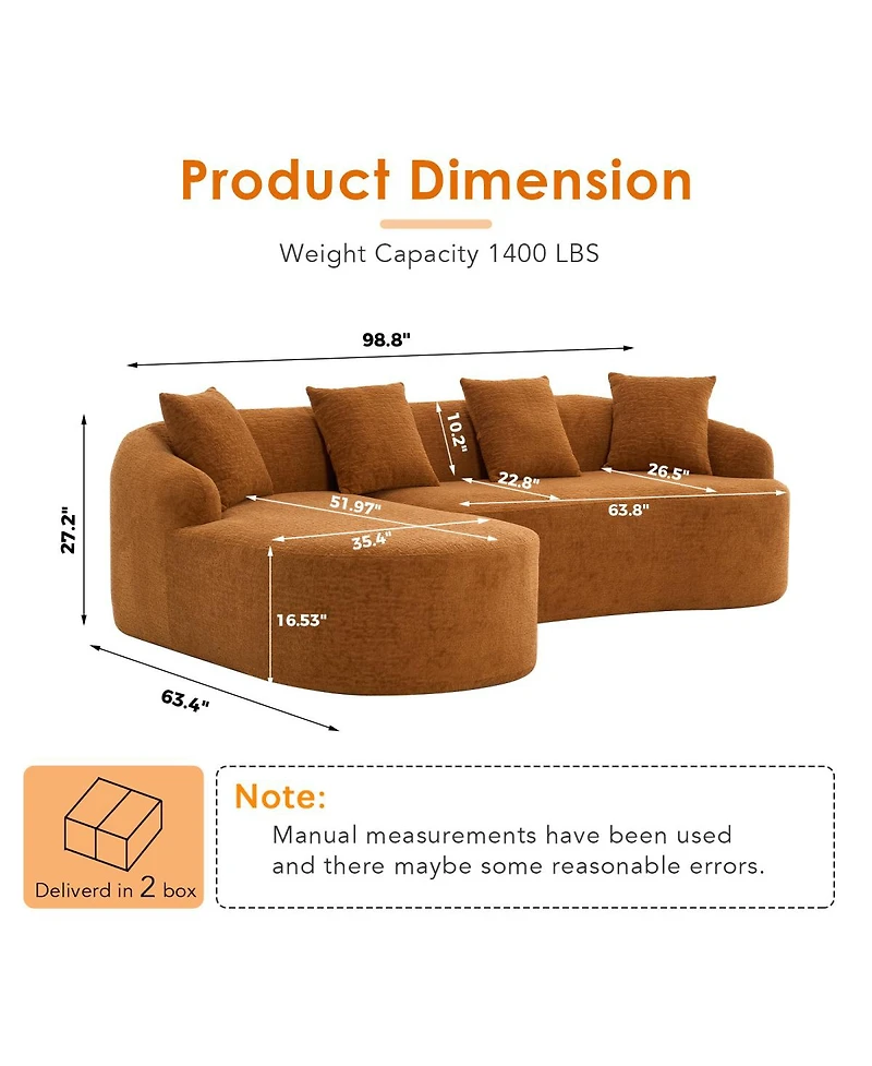 Streamdale Furniture Boneless L-Shape Sectional Sofa with Curved Chaise, Modular Chenille Couch