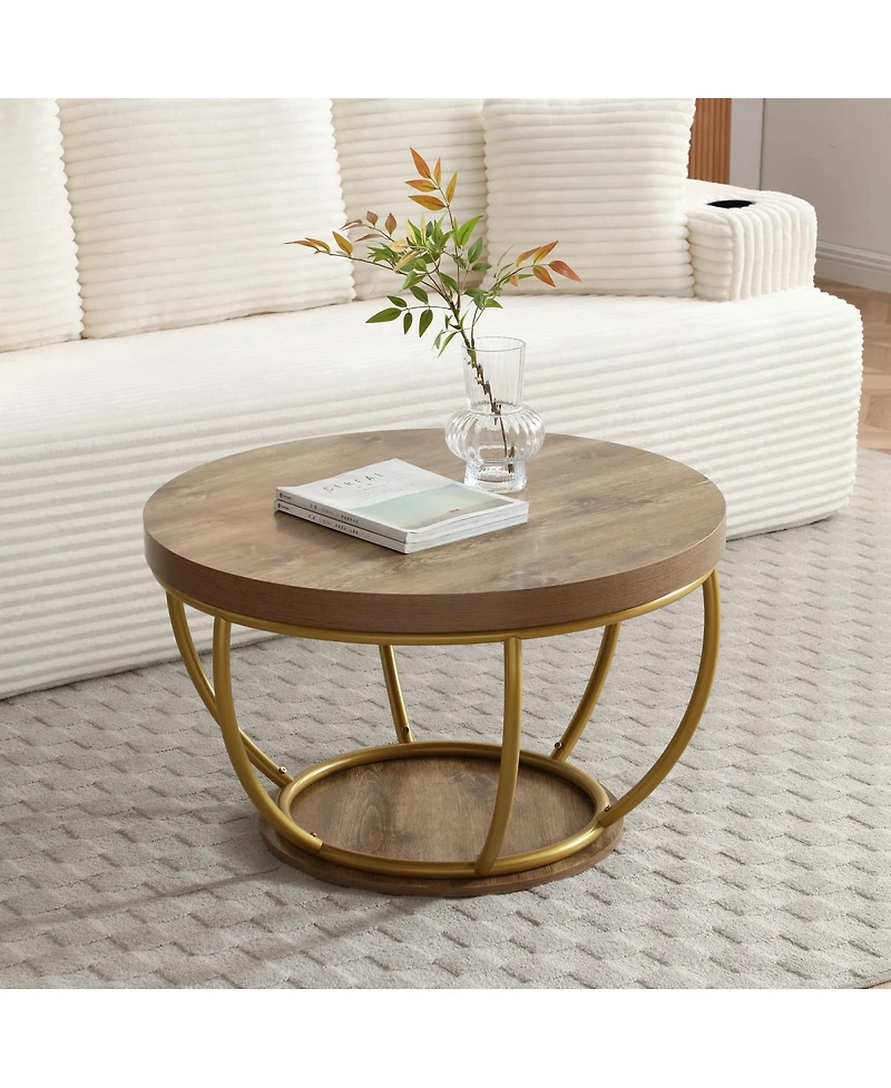 Streamdale Furniture 31" Round Industrial Coffee Table with 2-Tier Storage Shelves