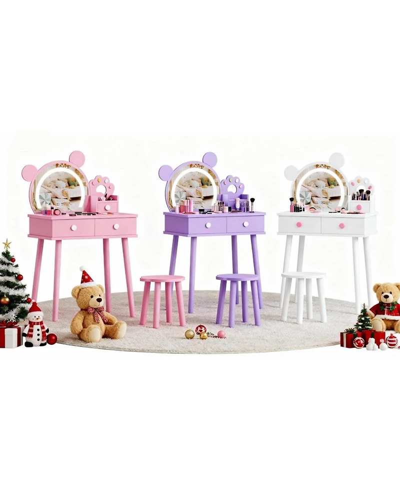 gaomon Kids Wooden Vanity Table and Chair Set with Touch Control Lighted Mirror and Drawers