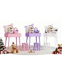 gaomon Kids Wooden Vanity Table and Chair Set with Touch Control Lighted Mirror and Drawers