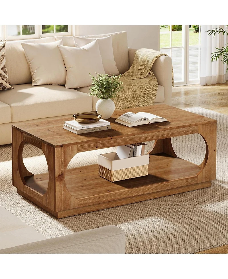 Tribesigns Solid Wood Coffee Table, 47.2" Farmhouse Wooden Center Tables, 2-Tier Rectangular Cocktail Tea Table