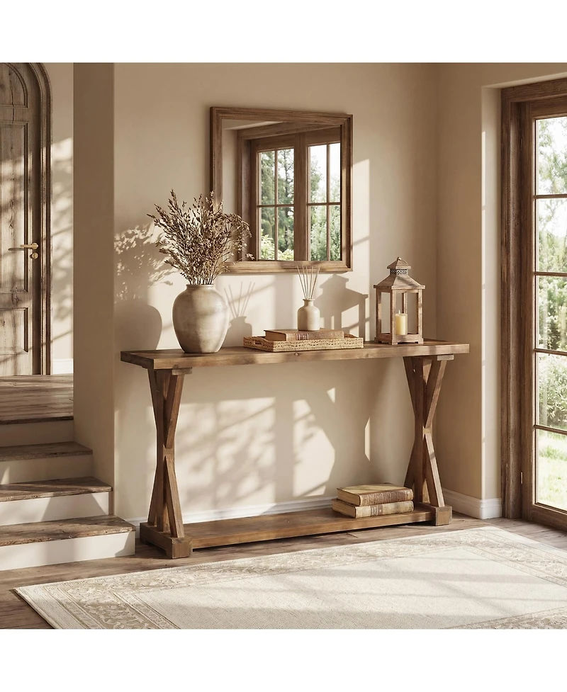 Tribesigns Solid Wood Console Table for Entryway, 63-Inch Narrow Farmhouse Entryway Table, 2-Tier Sofa Console Behind Couch