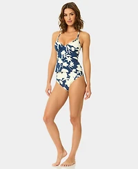 CeCe Women's Printed V-Neck Contrast Ruffle Tankini Top