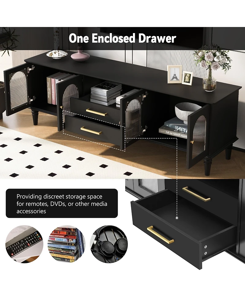 Streamdale Furniture 68.9" Retro Tv Stand - Fluted Glass Doors, Wood Legs