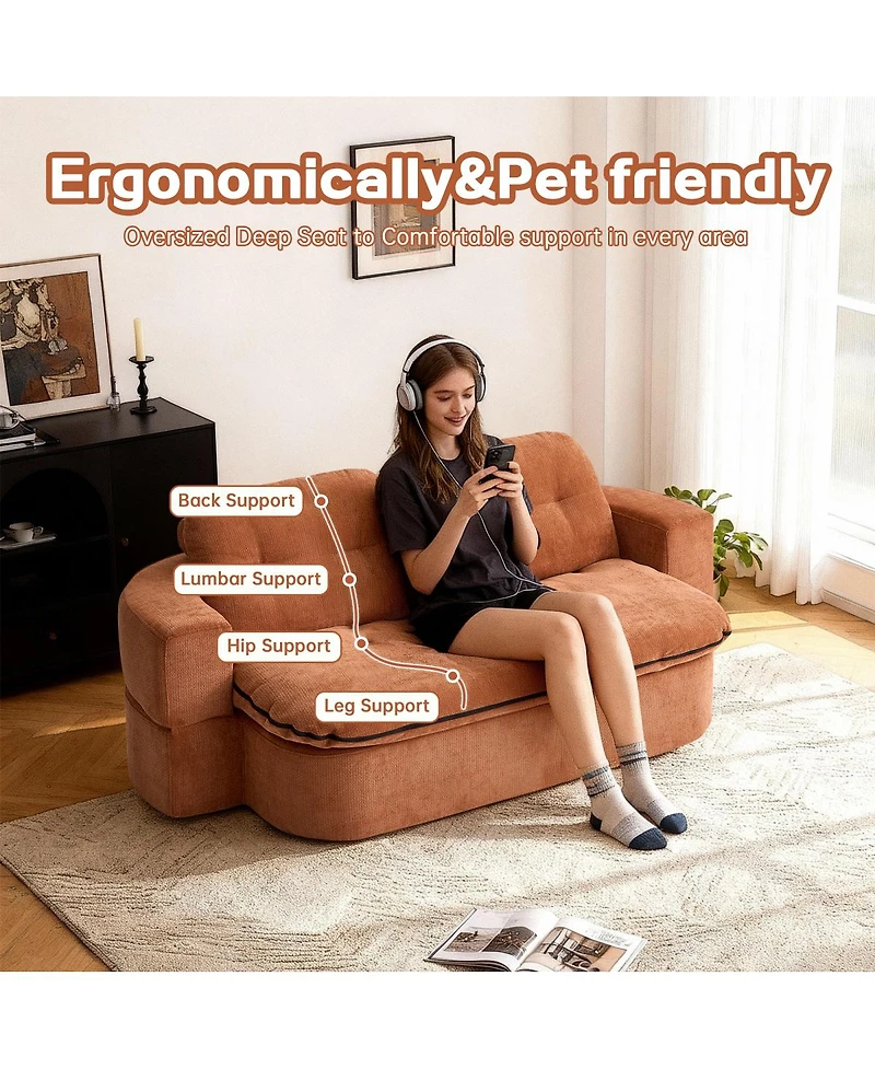 Streamdale Furniture Modern Floor Sofa with 2 Pillows, Convertible Corduroy Sleeper Sofa Bed