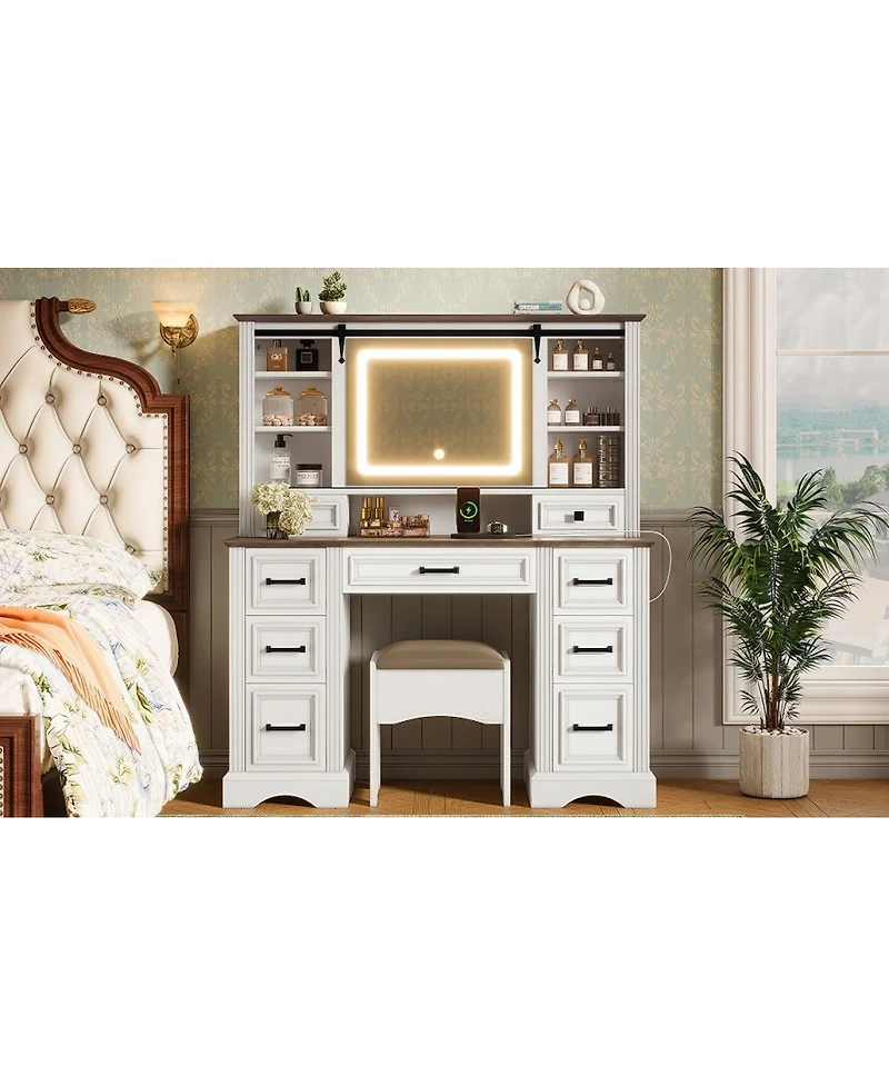 Streamdale Farmhouse Makeup Vanity Desk with Sliding Mirror, Led Lights, Stool & 9 Drawers