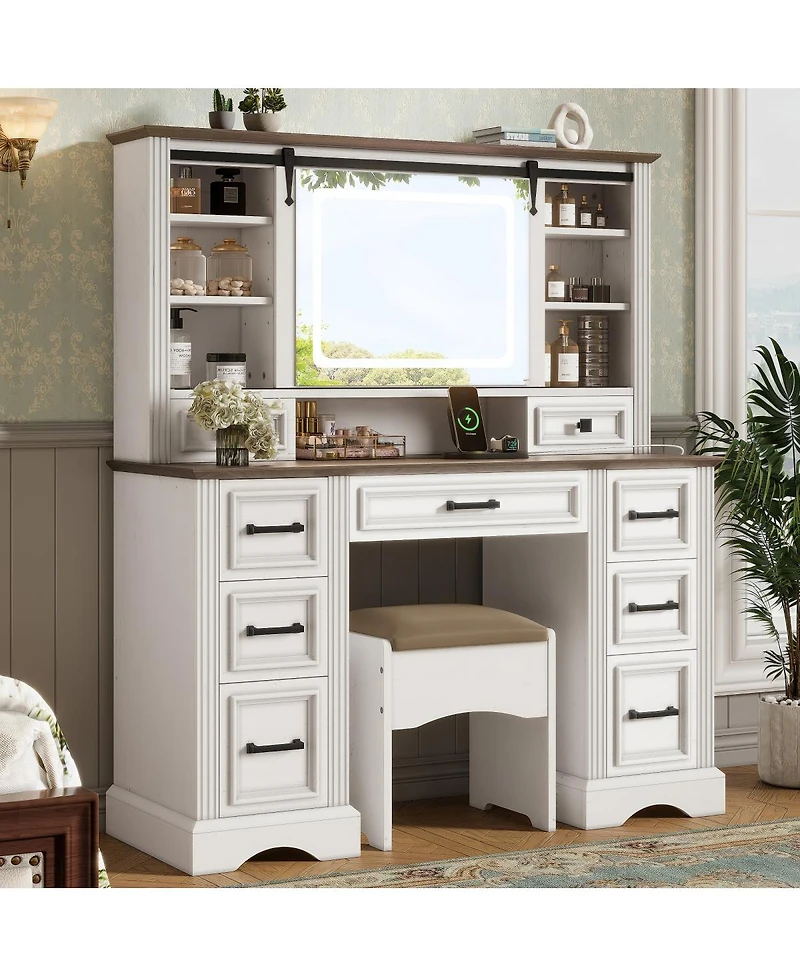 Streamdale Farmhouse Makeup Vanity Desk with Sliding Mirror, Led Lights, Stool & 9 Drawers