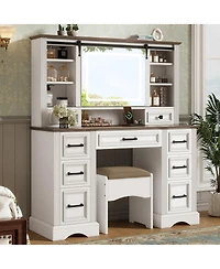 Streamdale Farmhouse Makeup Vanity Desk with Sliding Mirror, Led Lights, Stool & 9 Drawers