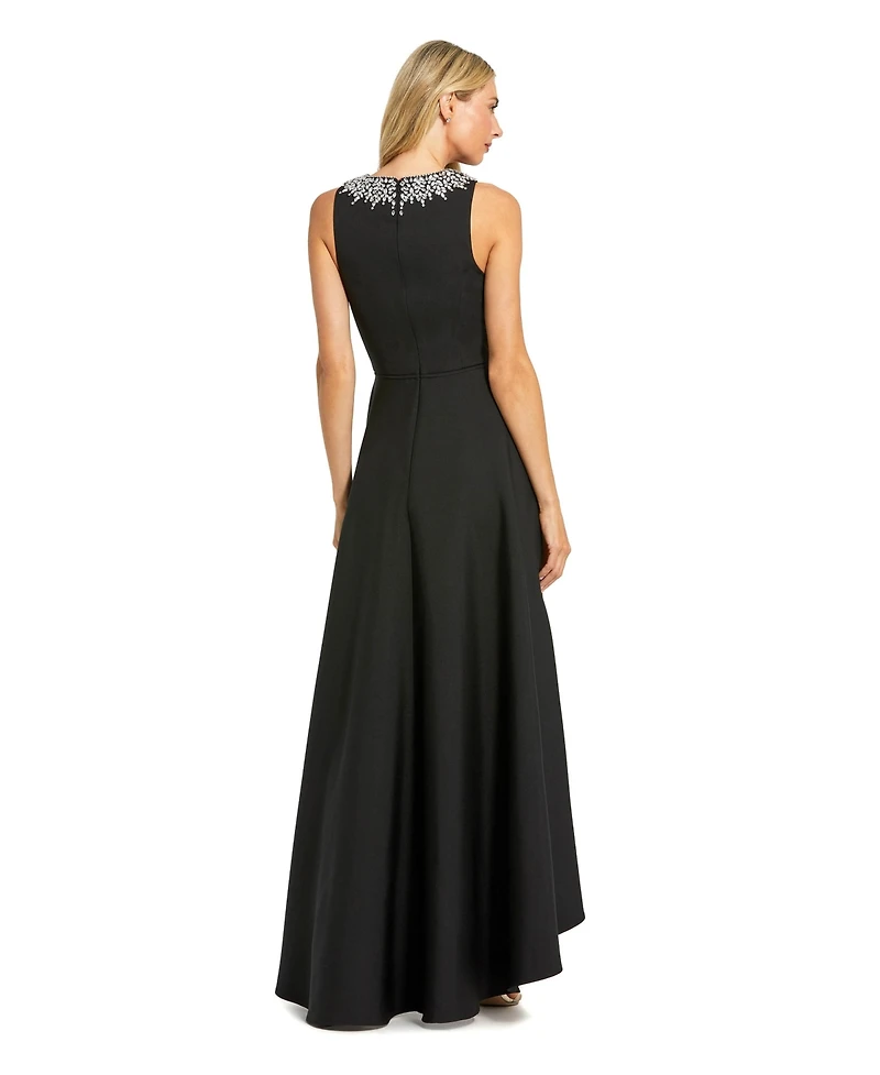 Mac Duggal Petite Crepe Embellished Neck High Low Gown