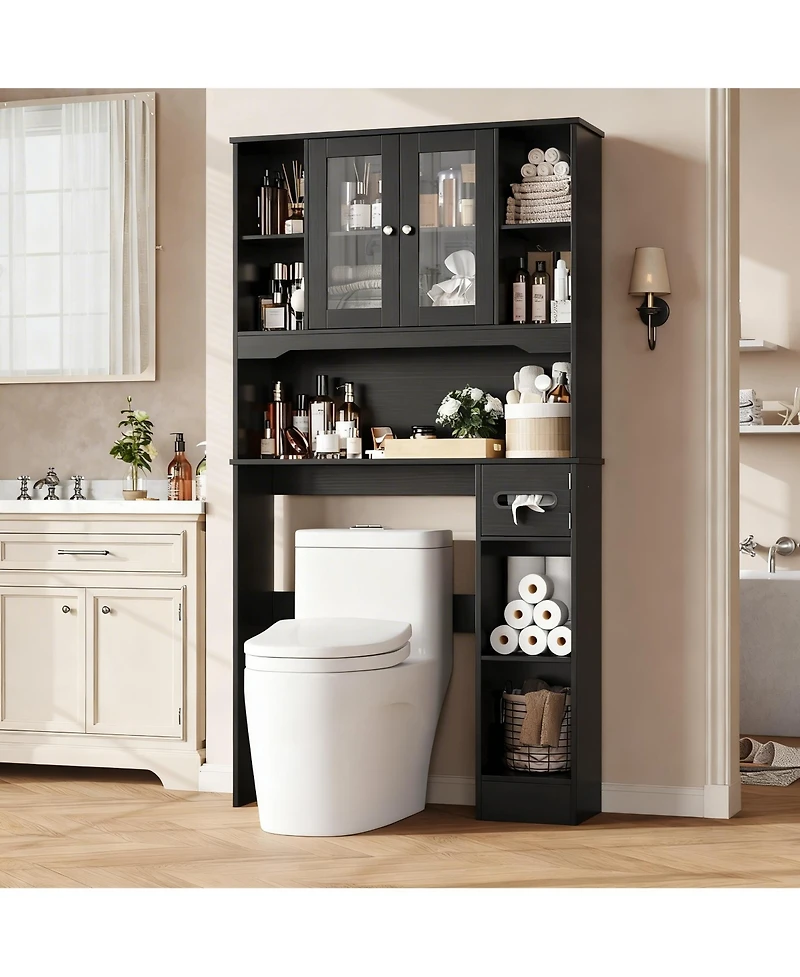 Yigii Over Toilet Storage Cabinet 2 Glass Doors Paper Holder Adjustable Shelves Bathroom Laundry