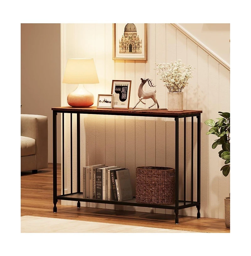 gaomon 32" Retro Narrow Console Table with 2 Storage Shelves, Glass and Metal