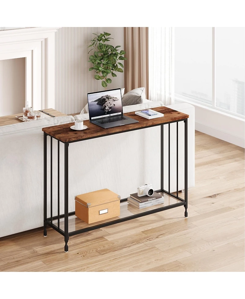 gaomon 32" Retro Narrow Console Table with 2 Storage Shelves, Glass and Metal