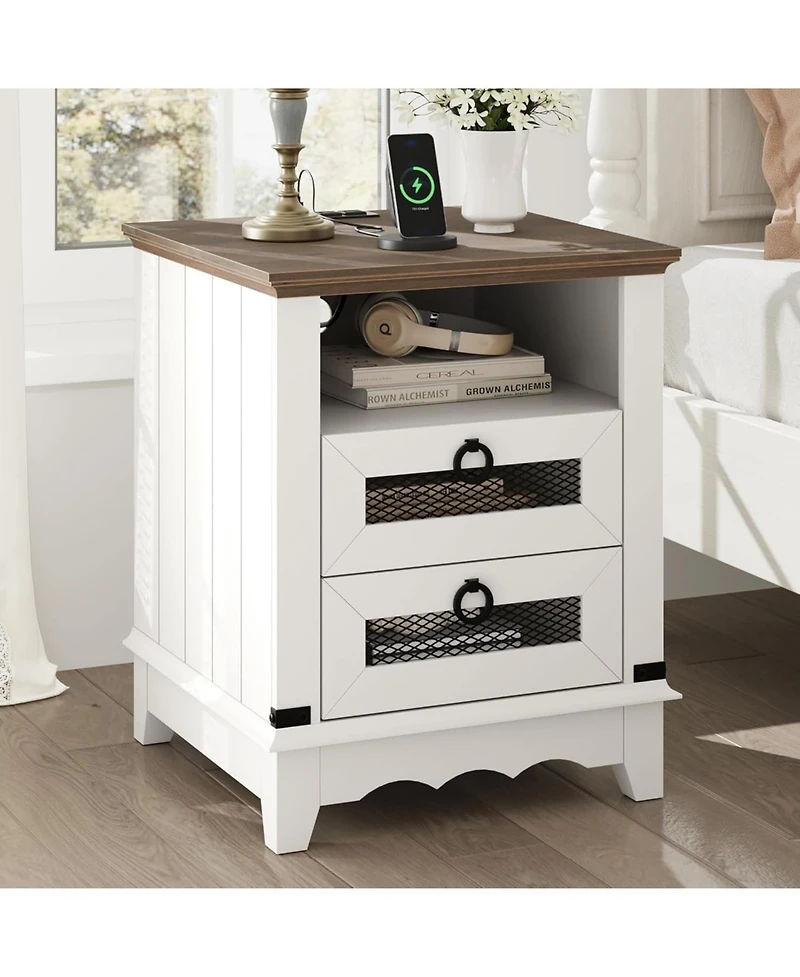 gaomon Farmhouse Nightstand with 2 Drawers, Open Cubby and Charging Station