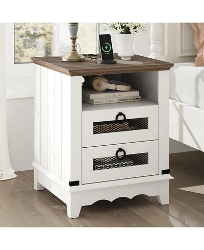 gaomon Farmhouse Nightstand with 2 Drawers, Open Cubby and Charging Station
