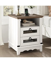 gaomon Farmhouse Nightstand with 2 Drawers, Open Cubby and Charging Station