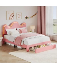 gaomon Queen Bed Frame Led Headboard Under Bed Drawer Metal Upholstered Platform Led Kids Bed Lamb Fleece Wood
