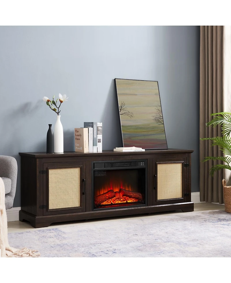 Streamdale Furniture Natural Rattan Door Cabinet with Adjustable Shelf Wood, Farmhouse Rattan Tv Stand Console Table for TVs up to 70 Inches, Storage