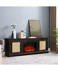 Streamdale Furniture Natural Rattan Door Cabinet with Adjustable Shelf Wood, Farmhouse Rattan Tv Stand Console Table for TVs up to 70 Inches, Storage