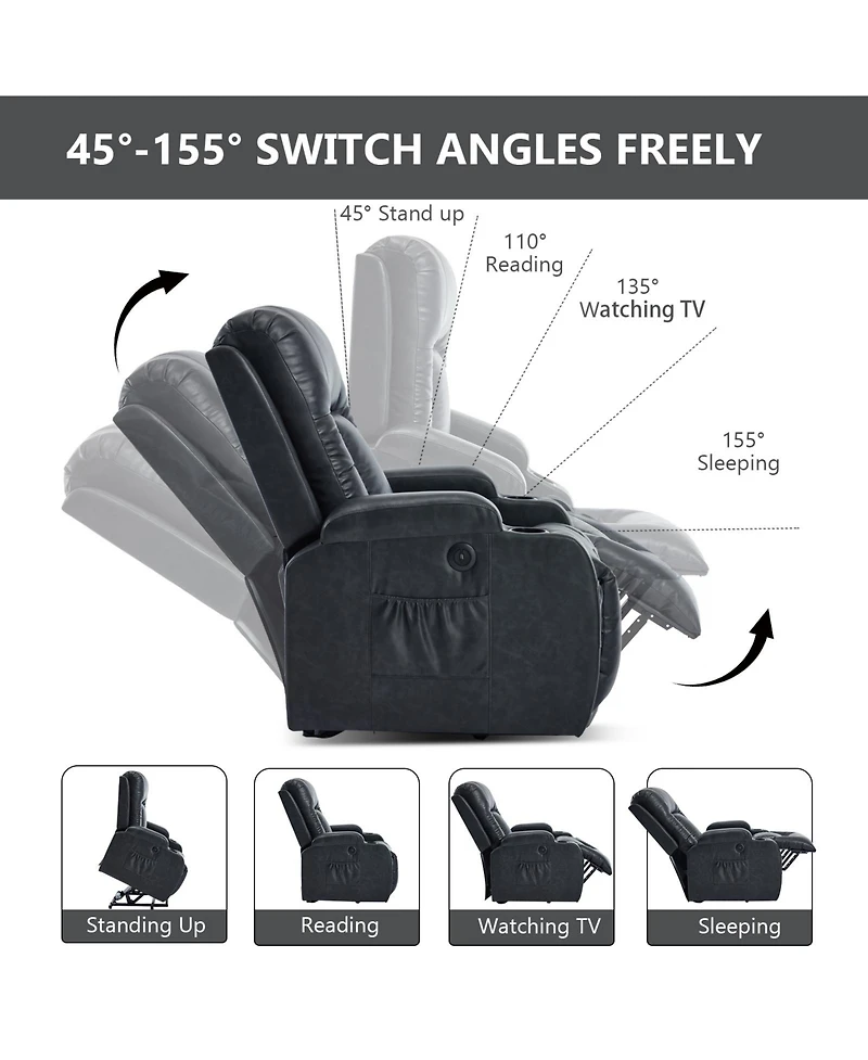 sumyeg Pu Power Lift Recliner 350LB capacity 8-point massage lumbar heat with Usb port and cup holders