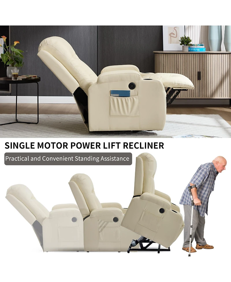 sumyeg Pu Power Lift Recliner 350LB capacity 8-point massage lumbar heat with Usb port and cup holders
