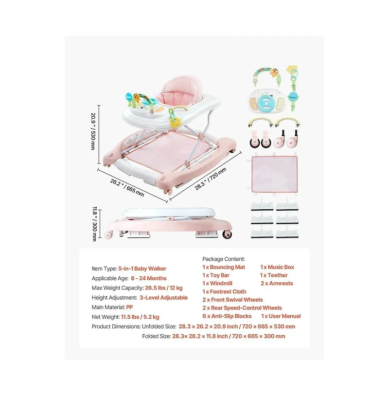 Slickblue Toddler 5-in-1 Walker with Wheels & Adjustable Height Seat