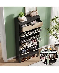 Homfan Shoe Storage Cabinet for Entryway with 3 Flip Drawers, Modern Rack Metal Legs, Freestanding Narrow Slim Organizer