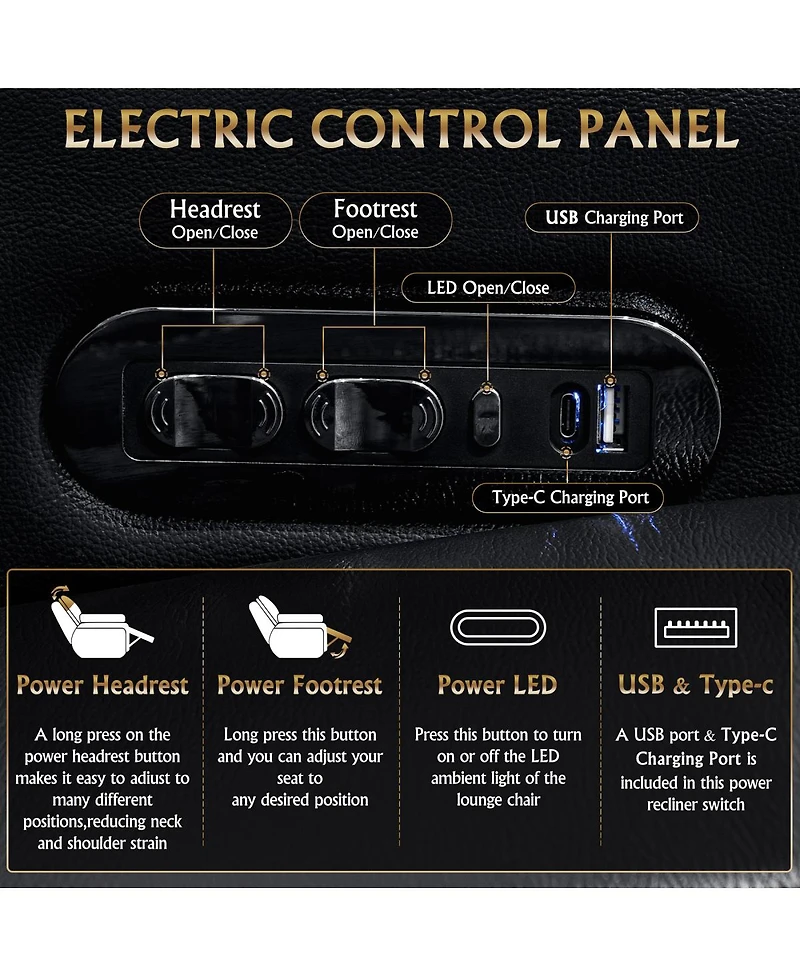 Streamdale Furniture 62.2" Power Recliner 2 Pc, Top-Grain Nappa, Smart Charging, Rgb Led