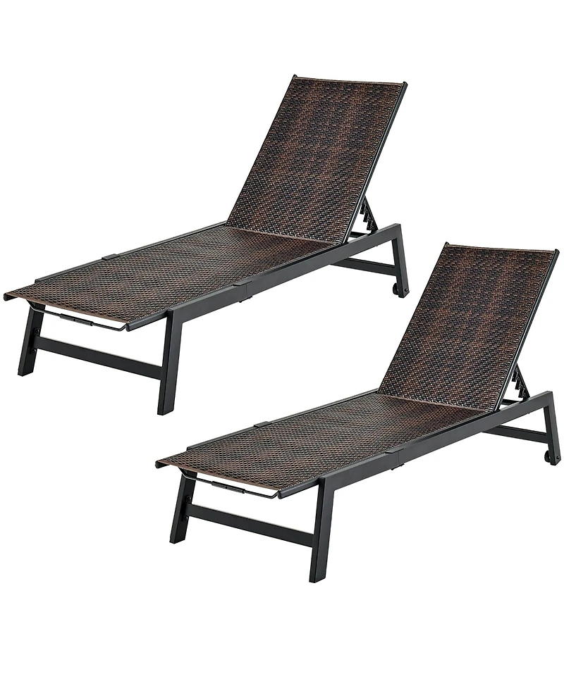 Gymax 2PCS Patio Pe Rattan Chaise Lounge Outdoor Recliner w/ 5-Level Backrest Backyard Poolside