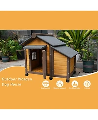 6thdruple Solid Wood Dog House with Elevated Floor, 45 Inch Waterproof Outdoor Dog House for Medium Dogs