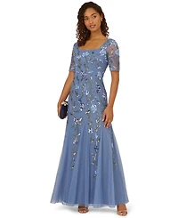 Adrianna Papell Women's Square-Neck Beaded Mesh Gown