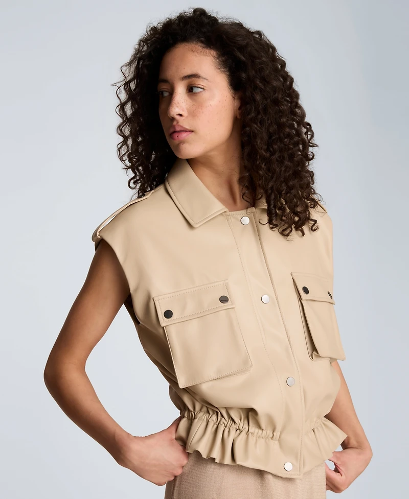 Kenneth Cole Women's Collared Sleeveless Drawcord Snap-Front Jacket