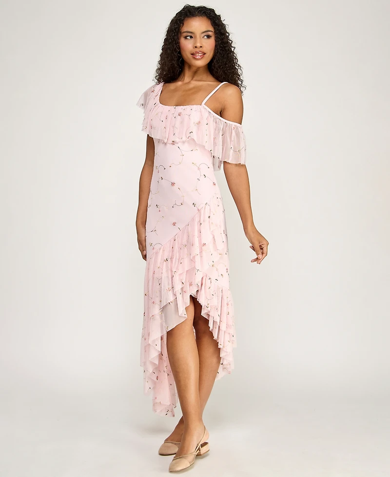 City Studios Juniors' Floral Embroidered Asymmetric Ruffle Hem Midi Dress
