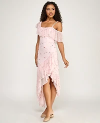 City Studios Juniors' Floral Embroidered Asymmetric Ruffle Hem Midi Dress