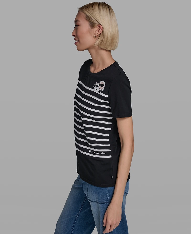 Karl Lagerfeld Paris Women's Short-Sleeve Striped Logo T-Shirt