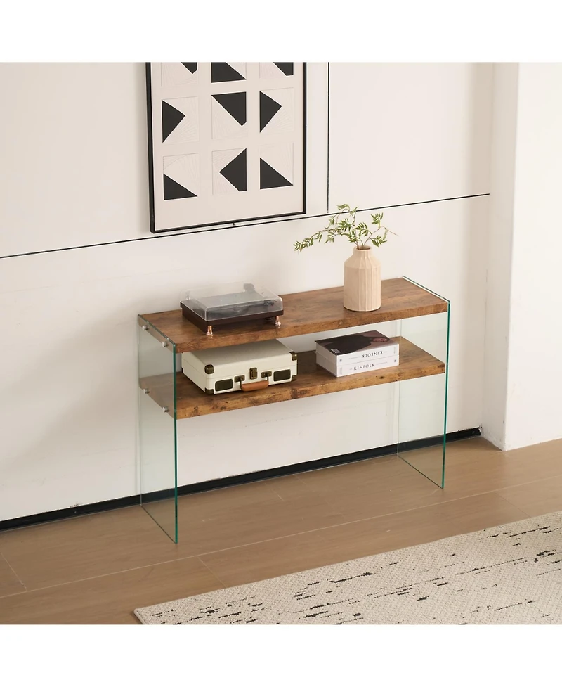 Streamdale Furniture Streamdale Mdf Console Table, Big Side Table, Walnut Tempered Glass Desk, Entry Table