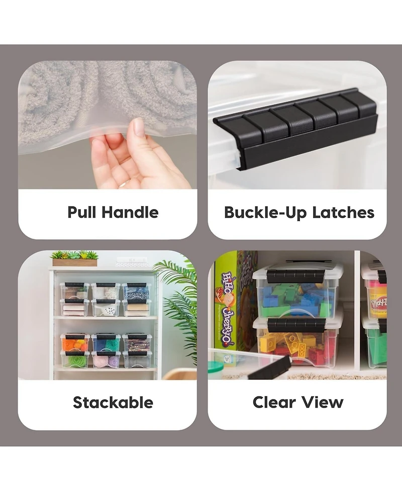 Iris Usa 6 Quart Plastic Storage Bins Stackable with Latching Lids, Bpa-Free, See-Through, Clear/Black, 3-Pack