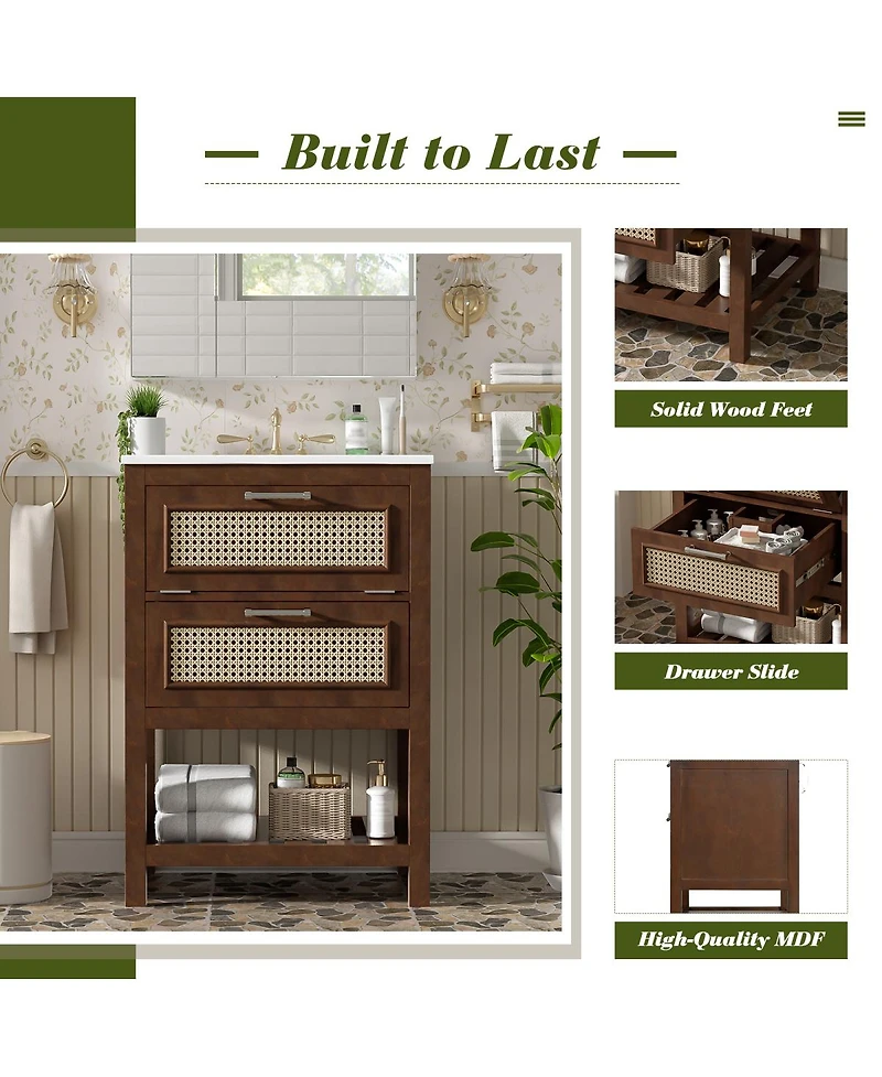 Sillysis 24 Inch Freestanding Bathroom Vanity with Ceramic Sink, Flip-Out Drawer & Modern Storage for Small Spaces