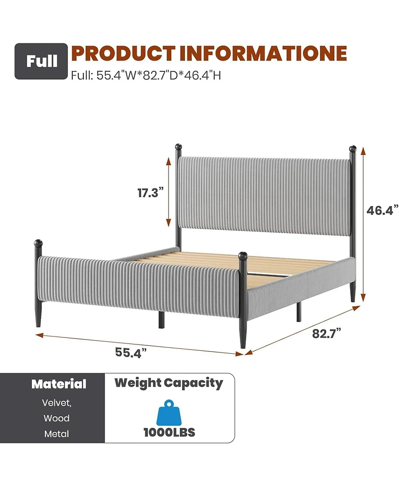 gaomon Velvet Corduroy Fabric Bed Frame, Plywood and Iron Construction, Cone-Shaped Iron Foot