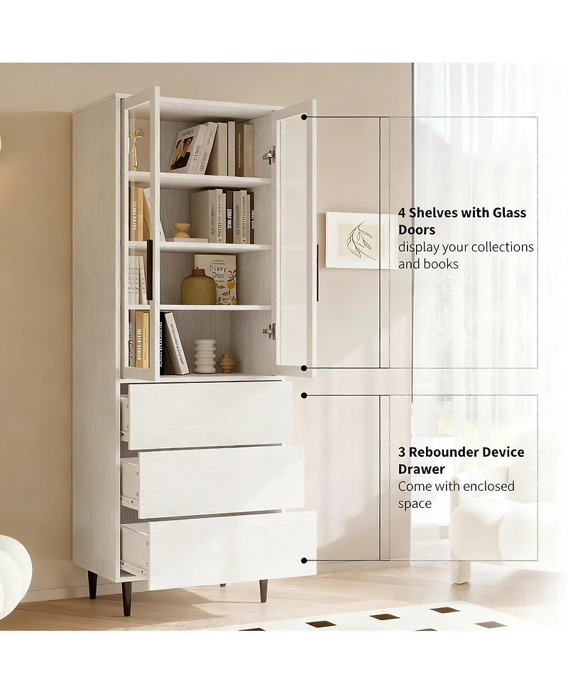 Yigii 70.9" Glass Door Bookshelf 5-Tier Display Cabinet Narrow Storage Bookcase