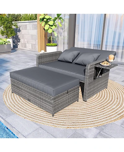 Gymax Patio Daybed Set Rattan Loveseat Sofa Set w/ Adjustable Backrest Cushions