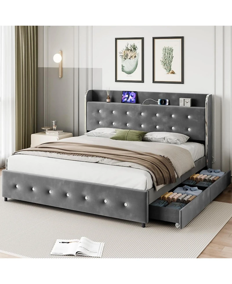 gaomon Bed Frame Upholstered Platform 4 Storage Drawers Diamond Tufted Headboard Wooden Slats No Box Spring Easy Assembly
