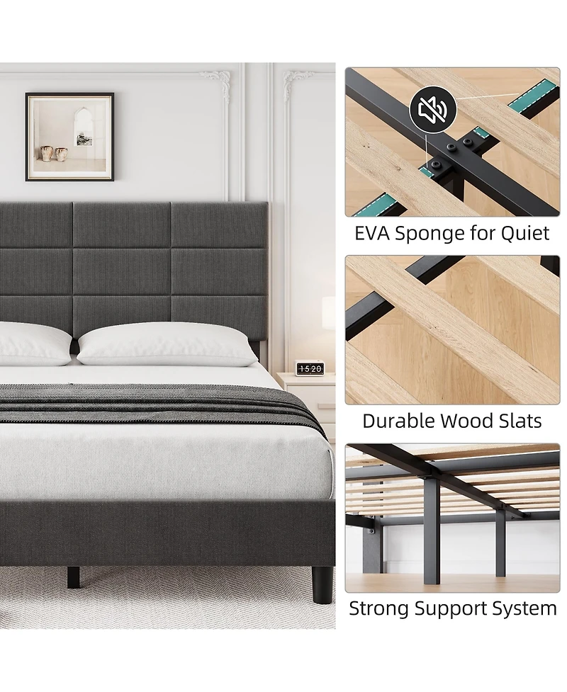 gaomon Full Bed Frame Adjustable Headboard Linen Upholstered Wood Slats No Box Spring Noise Free Minimalist