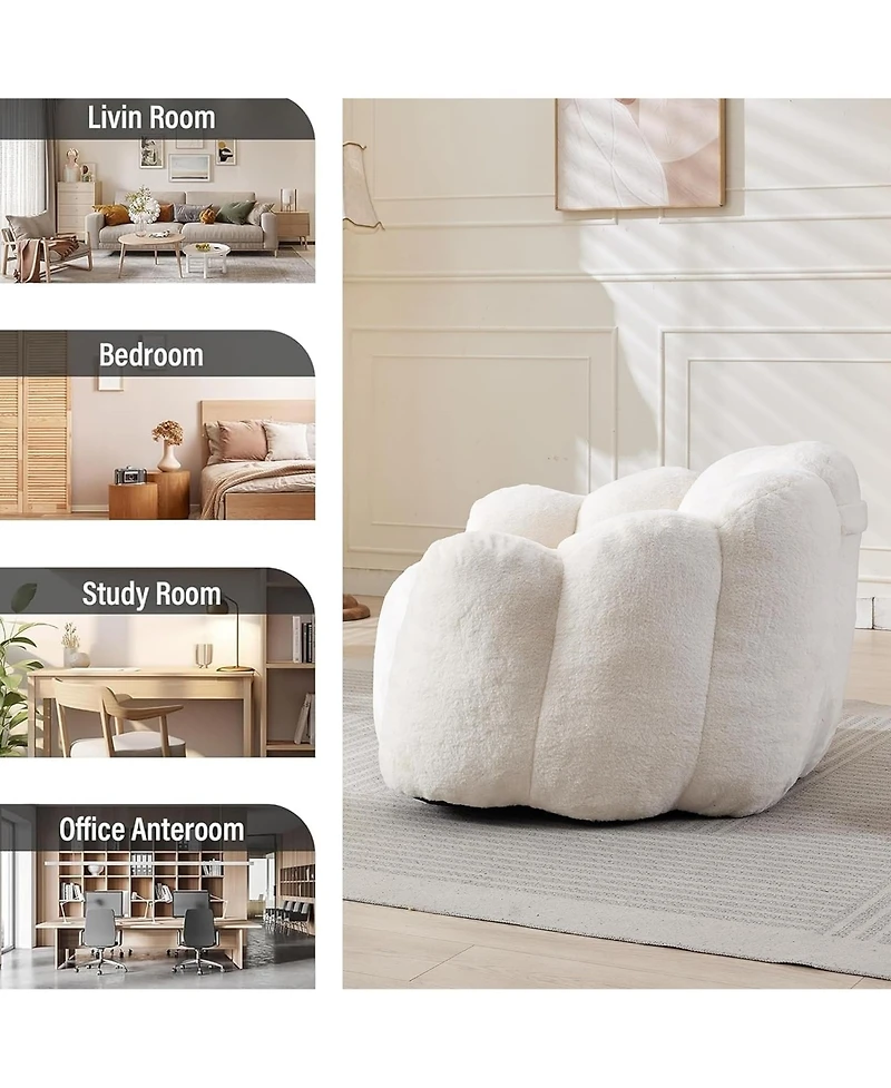 Rainsken Large Bean Bag Chair, Faux Fur Reading Sofa Chair with Petal Backrest and Pull Ring, Oversize Reading Chair for Bedroom